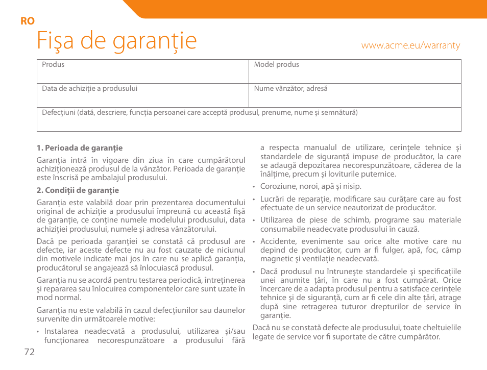 Fişa de garanţie | Acme SS205 User Manual | Page 72 / 78
