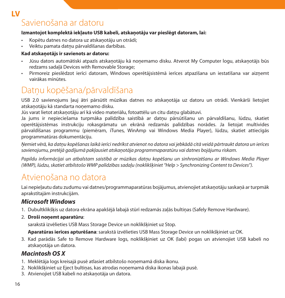 Savienošana ar datoru, Datņu kopēšana/pārvaldīšana, Atvienošana no datora | Acme V-150 User Manual | Page 16 / 46