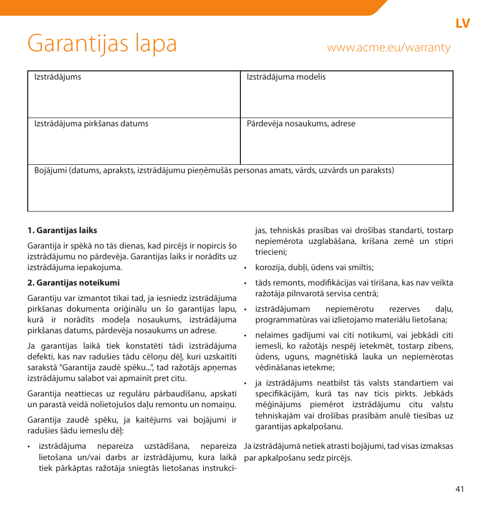 Garantijas lapa | Acme V-150 User Manual | Page 41 / 46