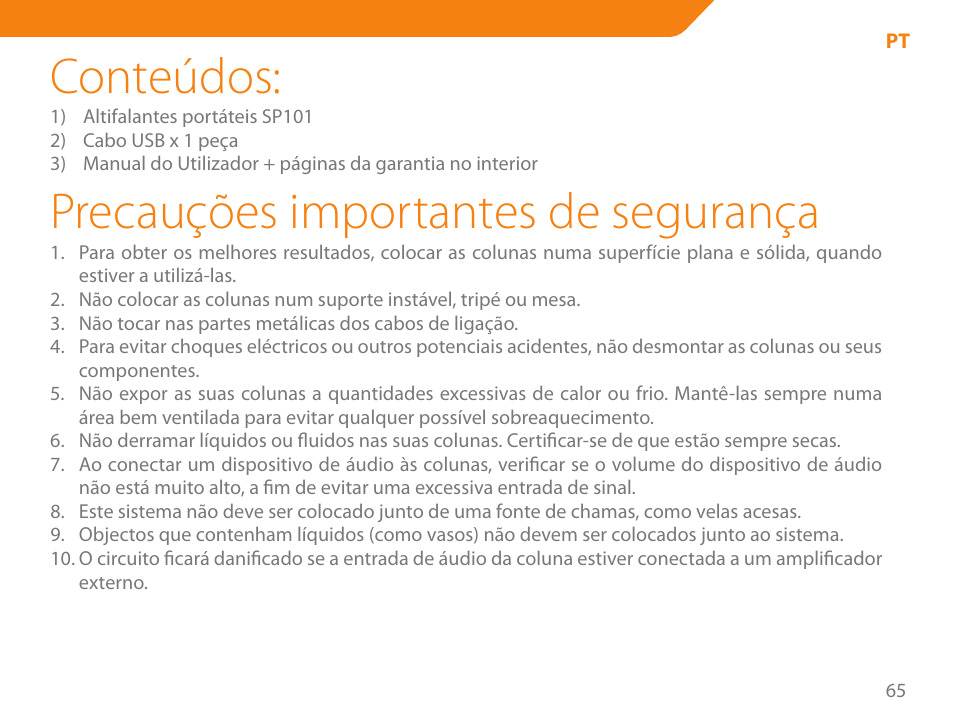 Conteúdos, Precauções importantes de segurança | Acme SP101 User Manual | Page 65 / 84