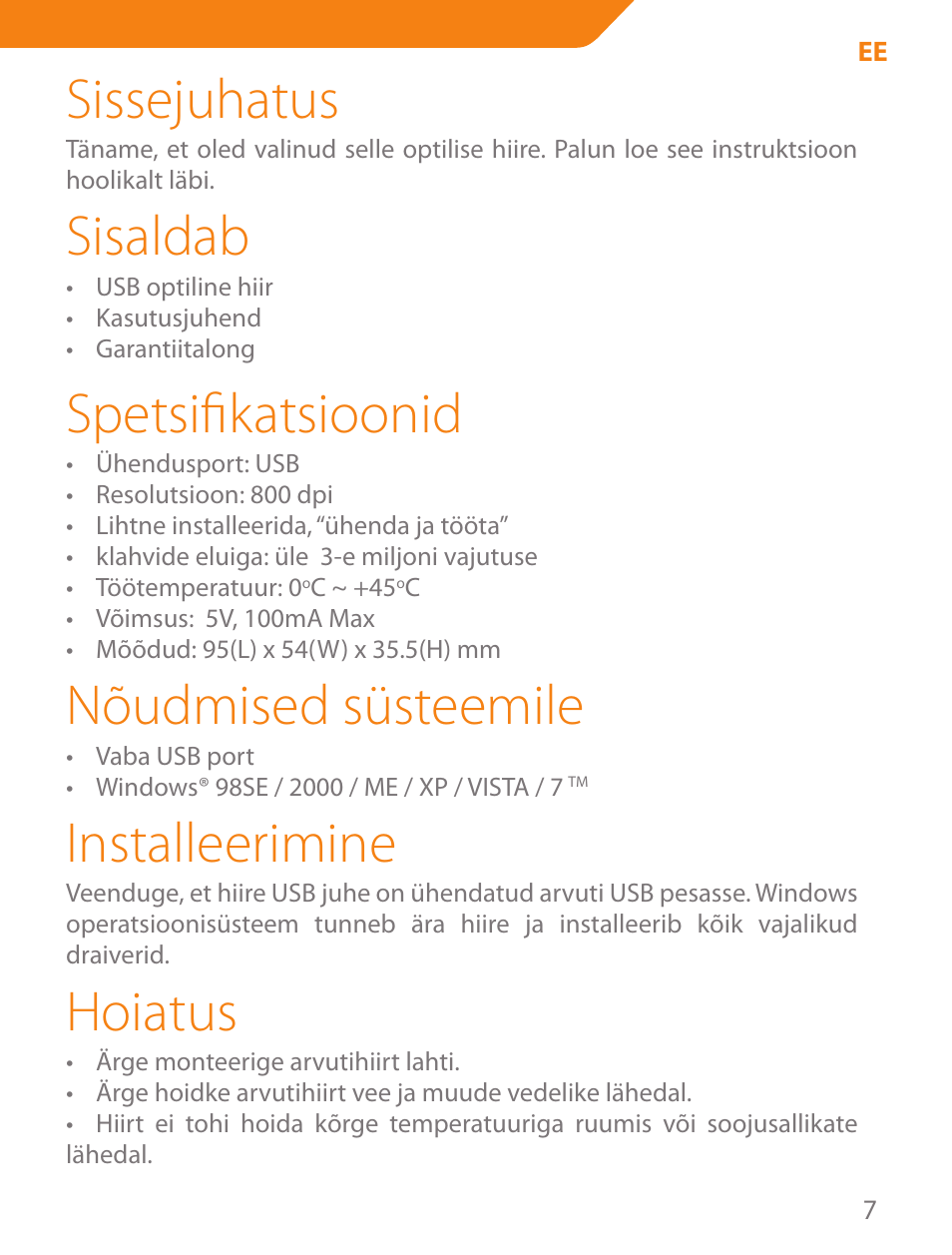 Sissejuhatus, Sisaldab, Spetsifikatsioonid | Nõudmised süsteemile, Installeerimine, Hoiatus | Acme MN05 User Manual | Page 7 / 28