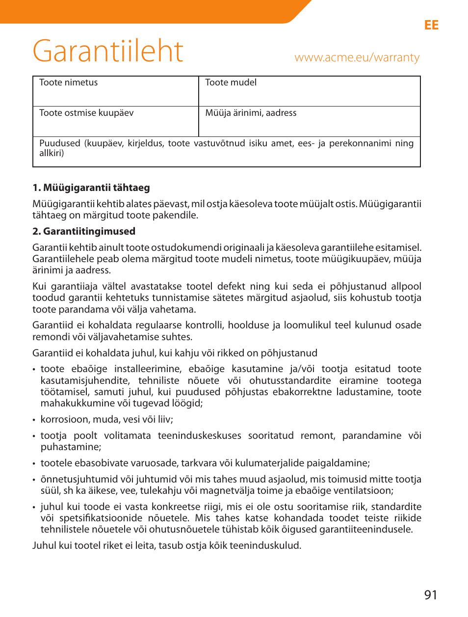 Garantiileht, 91 ee | Acme LED100B User Manual | Page 91 / 100