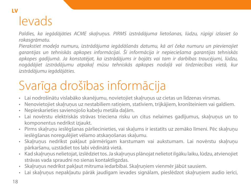 Ievads, Svarīga drošības informācija | Acme SS207 User Manual | Page 18 / 110