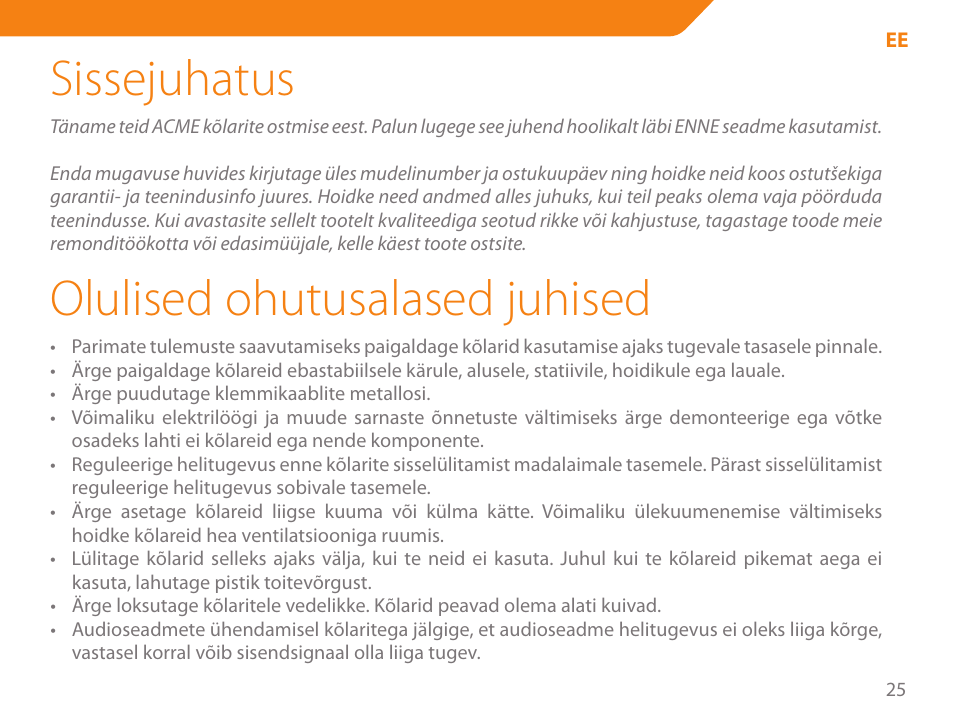 Sissejuhatus, Olulised ohutusalased juhised | Acme SS207 User Manual | Page 25 / 110