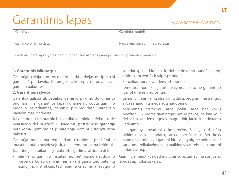 Garantinis lapas | Acme SS204 User Manual | Page 41 / 52