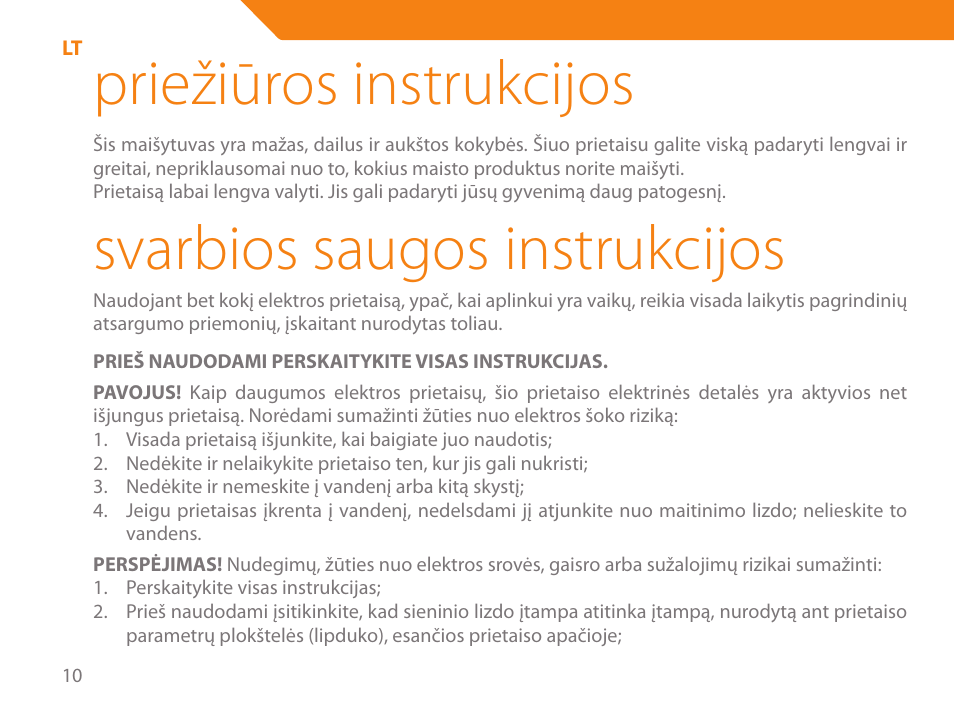 Priežiūros instrukcijos, Svarbios saugos instrukcijos | Acme ME-100 User Manual | Page 10 / 66