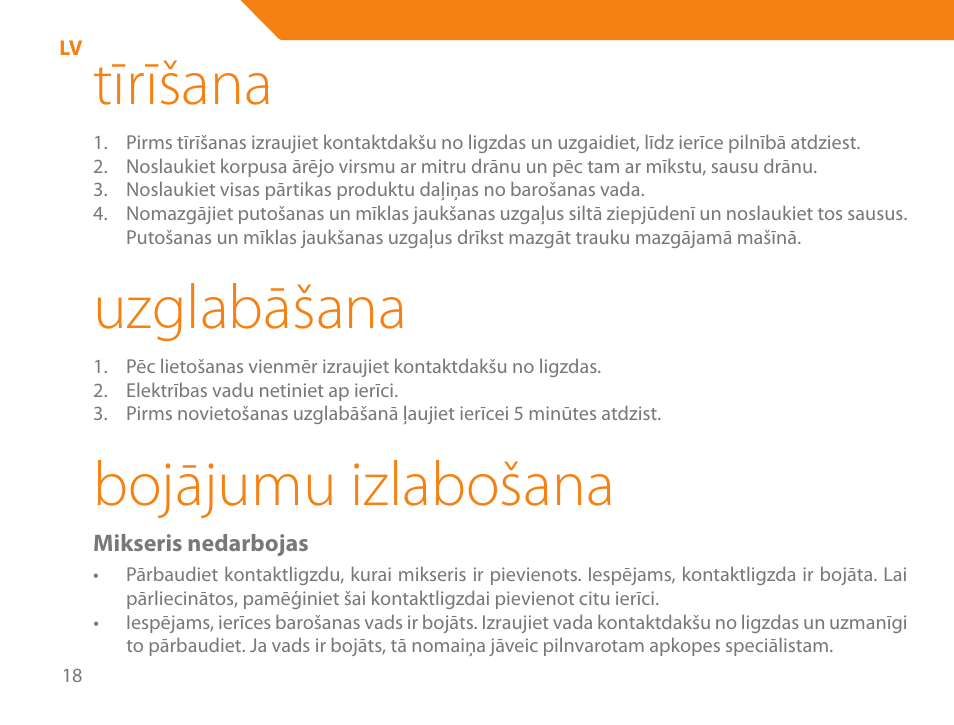 Tīrīšana, Uzglabāšana, Bojājumu izlabošana | Acme ME-100 User Manual | Page 18 / 66