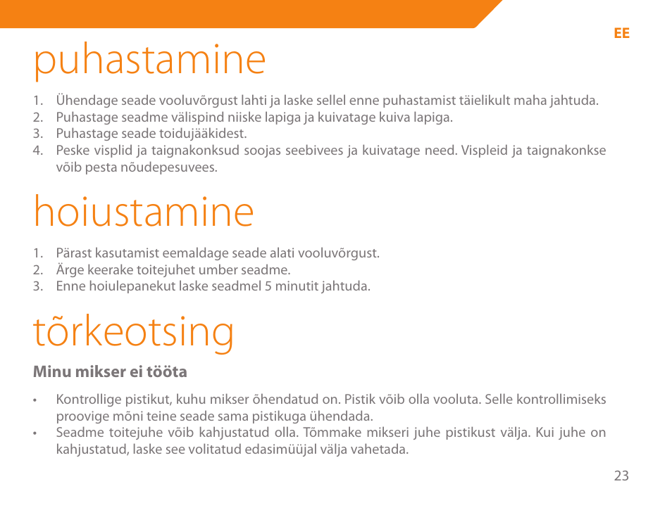 Puhastamine, Hoiustamine, Tõrkeotsing | Acme ME-100 User Manual | Page 23 / 66