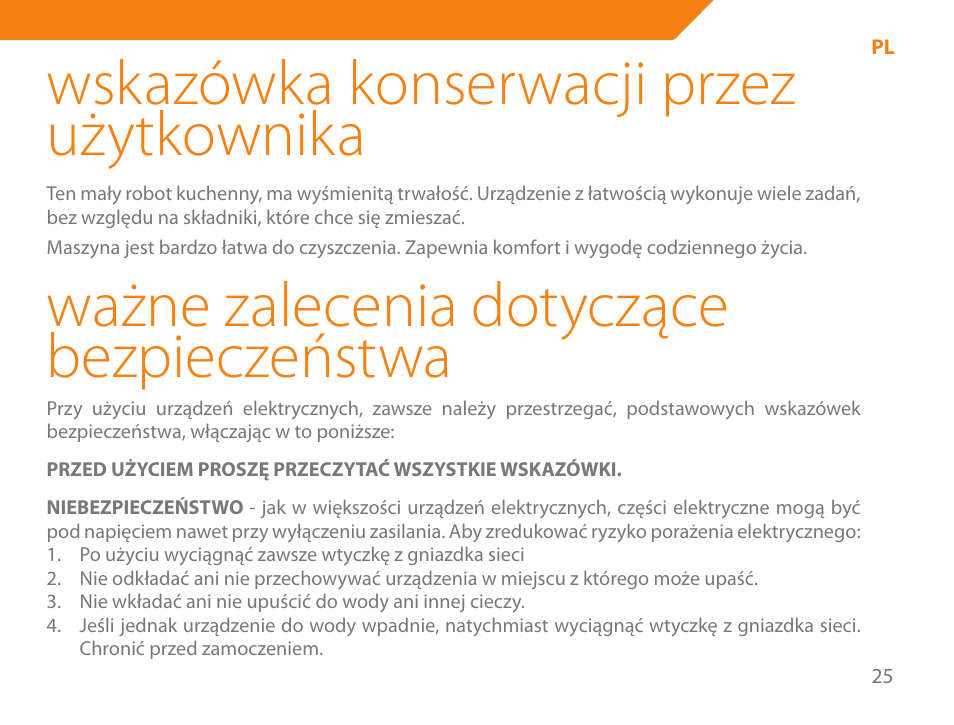 Wskazówka konserwacji przez użytkownika, Ważne zalecenia dotyczące bezpieczeństwa | Acme ME-100 User Manual | Page 25 / 66