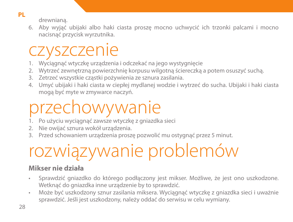 Czyszczenie, Przechowywanie, Rozwiązywanie problemów | Acme ME-100 User Manual | Page 28 / 66