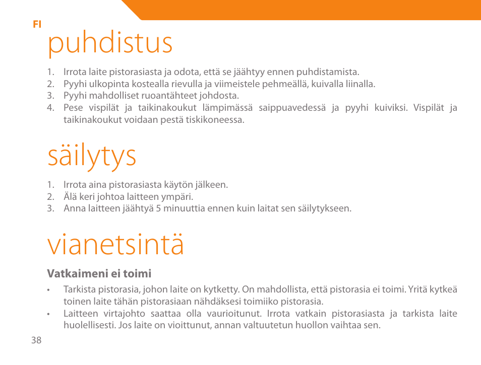 Puhdistus, Säilytys, Vianetsintä | Acme ME-100 User Manual | Page 38 / 66