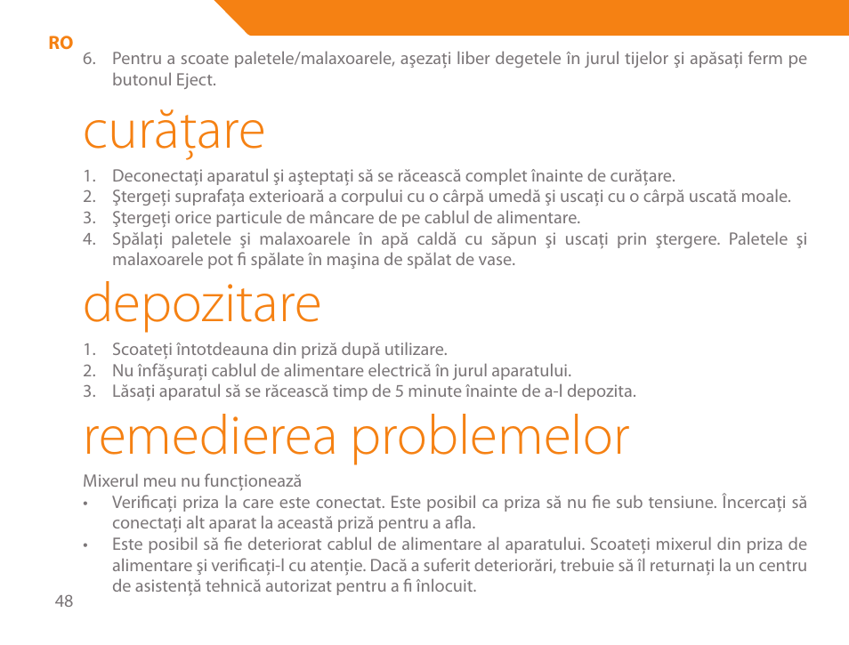 Curăţare, Depozitare, Remedierea problemelor | Acme ME-100 User Manual | Page 48 / 66