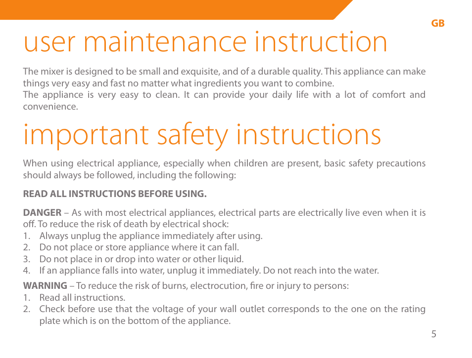 User maintenance instruction, Important safety instructions | Acme ME-100 User Manual | Page 5 / 66