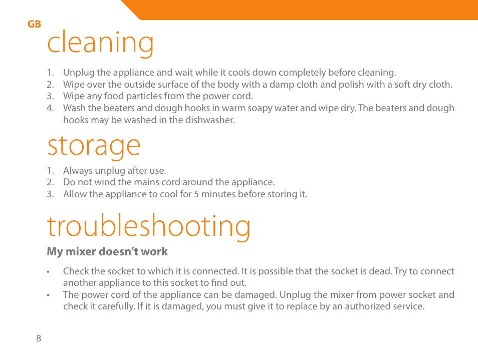 Cleaning, Storage, Troubleshooting | Acme ME-100 User Manual | Page 8 / 66