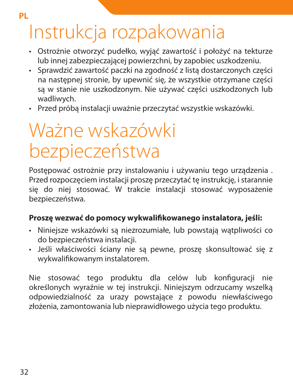 Instrukcja rozpakowania, Ważne wskazówki bezpieczeństwa | Acme PLB103S User Manual | Page 32 / 102
