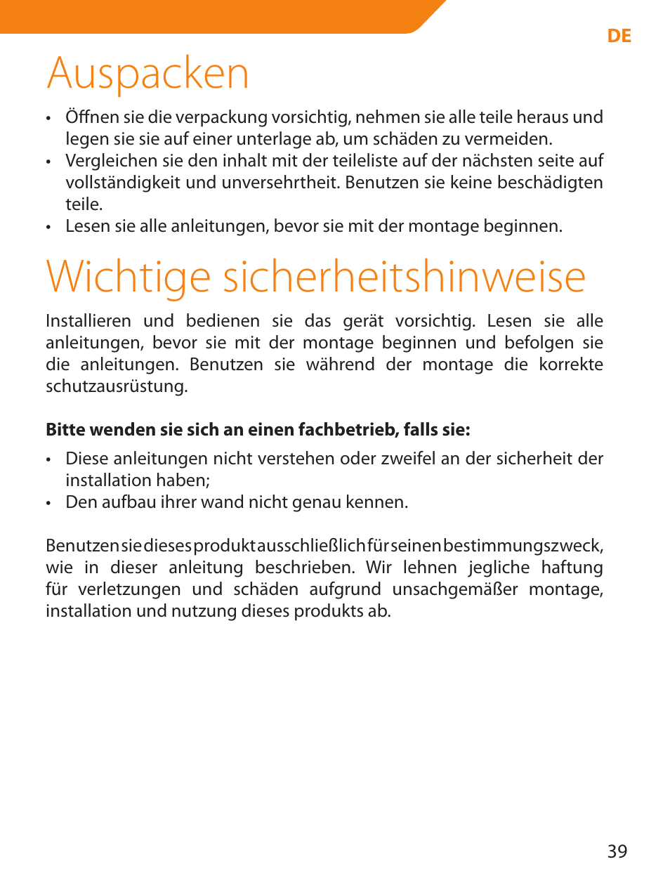 Auspacken, Wichtige sicherheitshinweise | Acme PLB103S User Manual | Page 39 / 102