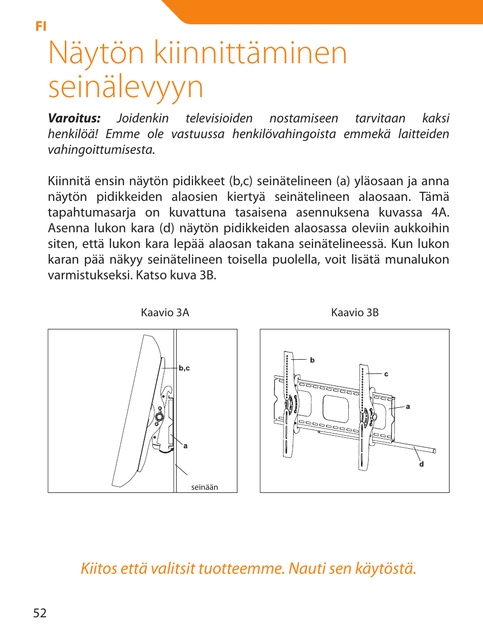 Näytön kiinnittäminen seinälevyyn | Acme PLB103S User Manual | Page 52 / 102