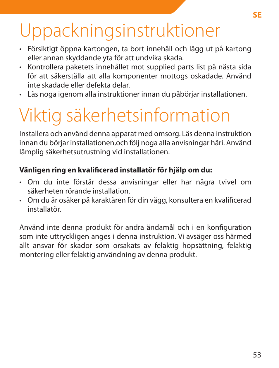 Uppackningsinstruktioner, Viktig säkerhetsinformation | Acme PLB103S User Manual | Page 53 / 102