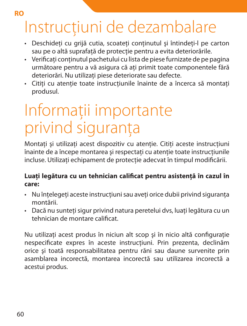 Instrucţiuni de dezambalare, Informaţii importante privind siguranţa | Acme PLB103S User Manual | Page 60 / 102