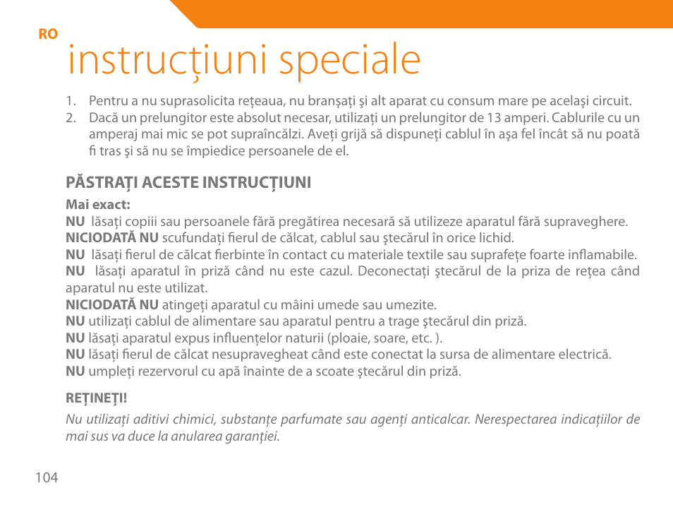 Instrucţiuni speciale | Acme IA-200 User Manual | Page 104 / 152