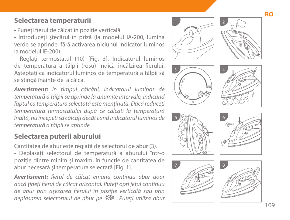 Selectarea temperaturii, Selectarea puterii aburului | Acme IA-200 User Manual | Page 109 / 152