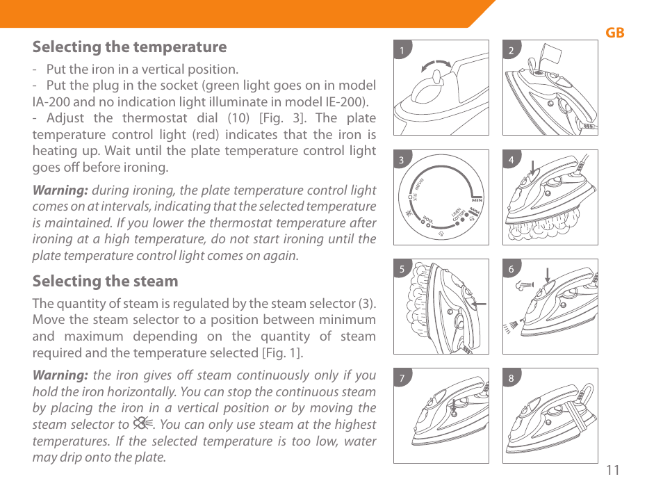 Selecting the temperature, Selecting the steam | Acme IA-200 User Manual | Page 11 / 152