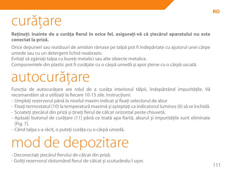 Curăţare, Autocurăţare, Mod de depozitare | Acme IA-200 User Manual | Page 111 / 152