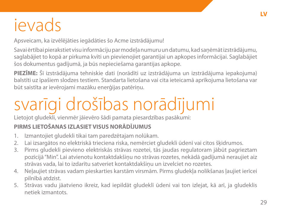 Ievads, Svarīgi drošības norādījumi | Acme IA-200 User Manual | Page 29 / 152