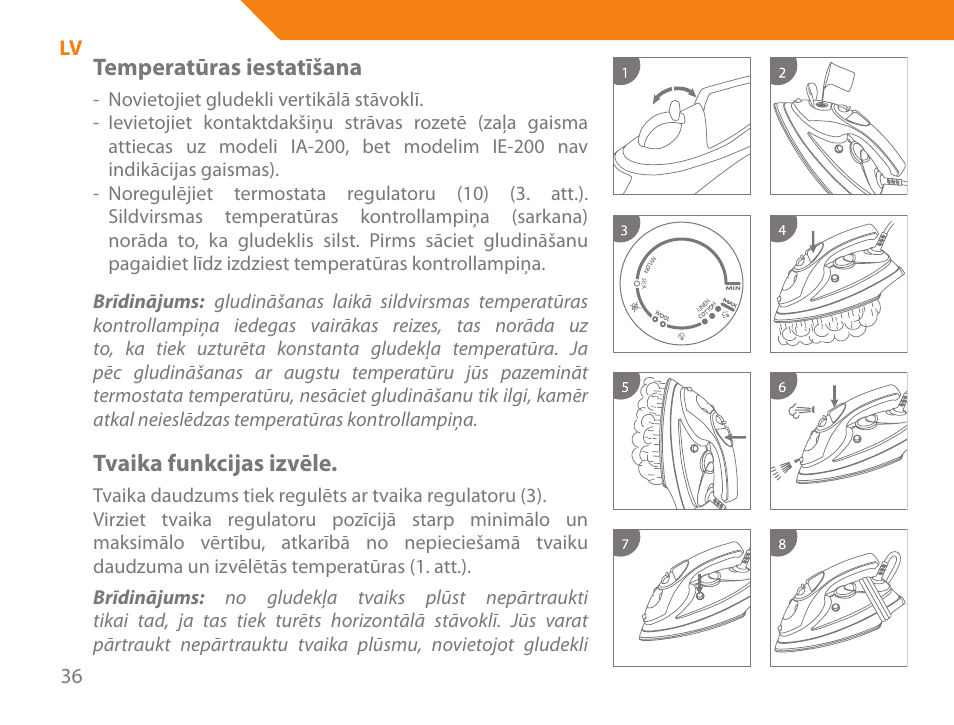 Temperatūras iestatīšana, Tvaika funkcijas izvēle | Acme IA-200 User Manual | Page 36 / 152