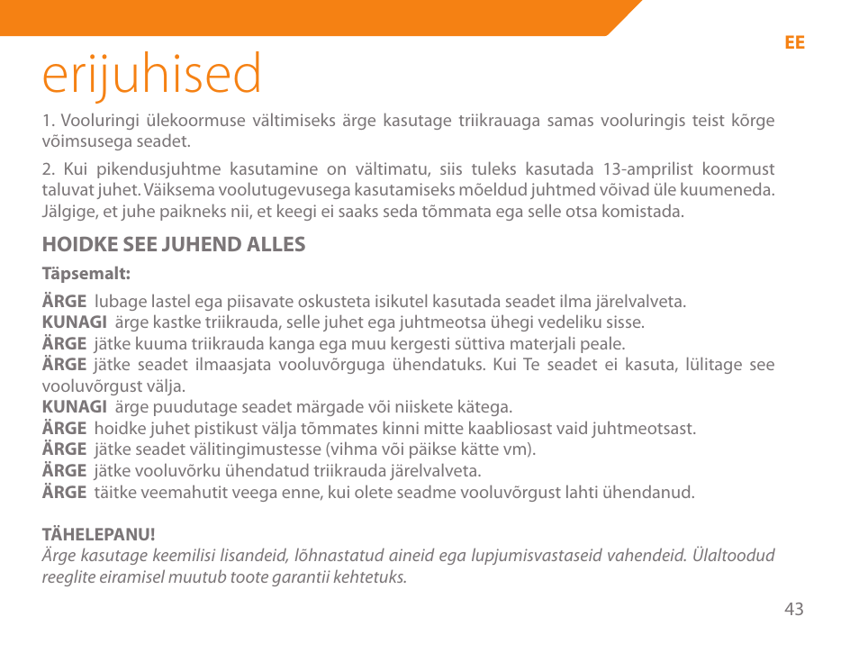 Erijuhised | Acme IA-200 User Manual | Page 43 / 152