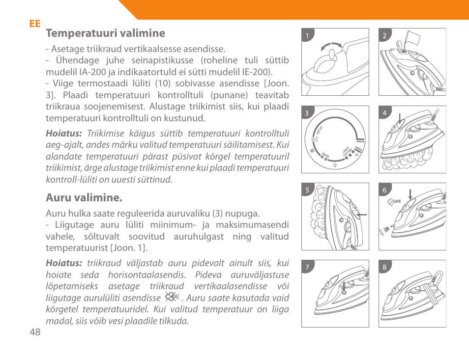 Temperatuuri valimine, Auru valimine | Acme IA-200 User Manual | Page 48 / 152