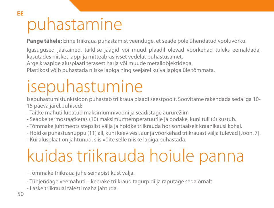 Puhastamine, Isepuhastumine, Kuidas triikrauda hoiule panna | Acme IA-200 User Manual | Page 50 / 152