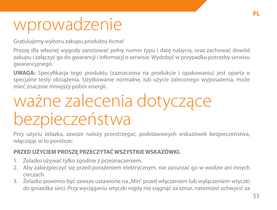 Wprowadzenie, Ważne zalecenia dotyczące bezpieczeństwa | Acme IA-200 User Manual | Page 53 / 152