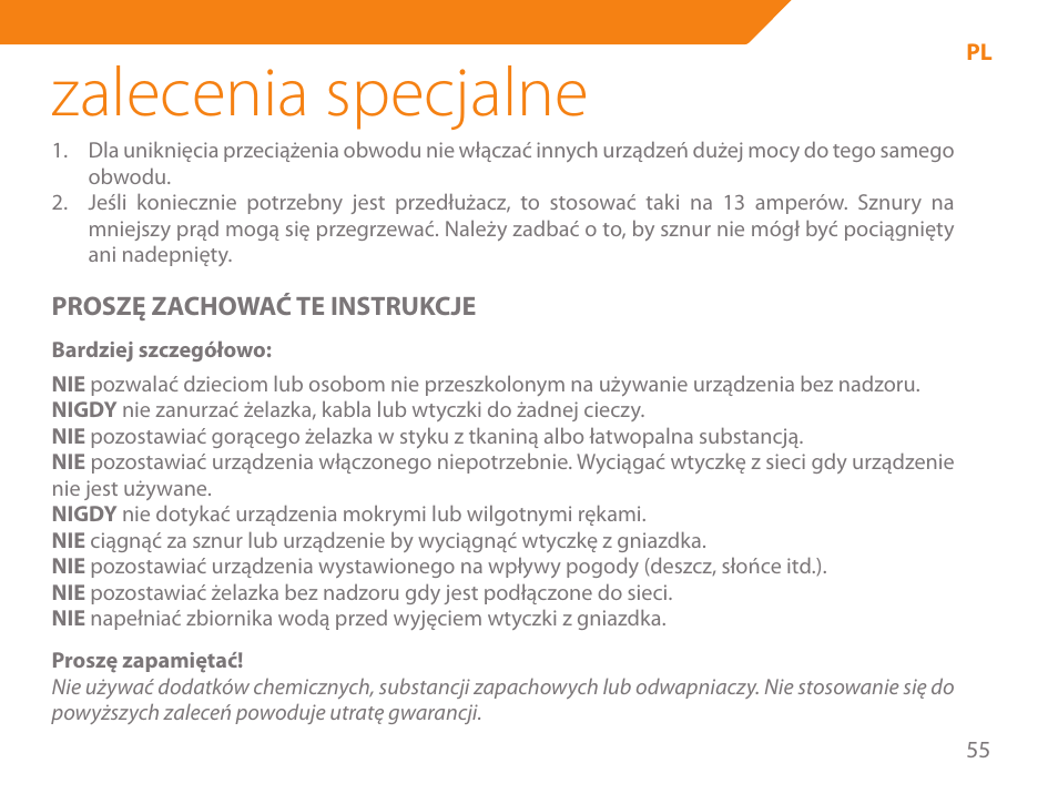 Zalecenia specjalne | Acme IA-200 User Manual | Page 55 / 152