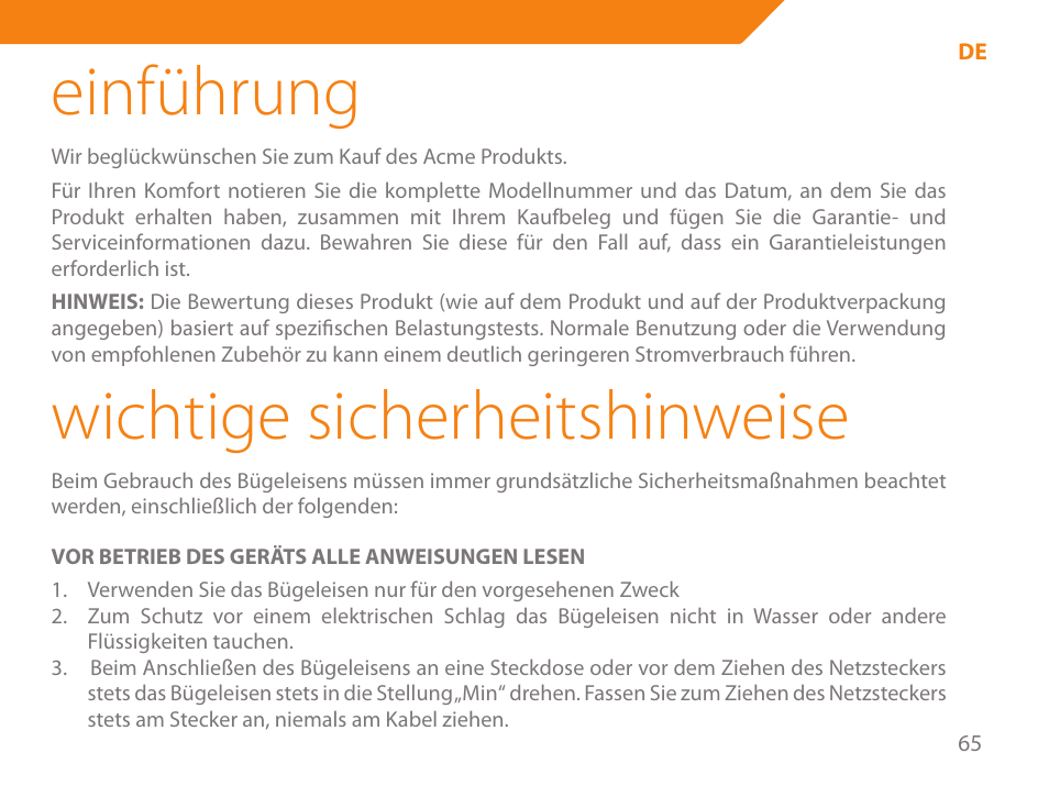 Einführung, Wichtige sicherheitshinweise | Acme IA-200 User Manual | Page 65 / 152