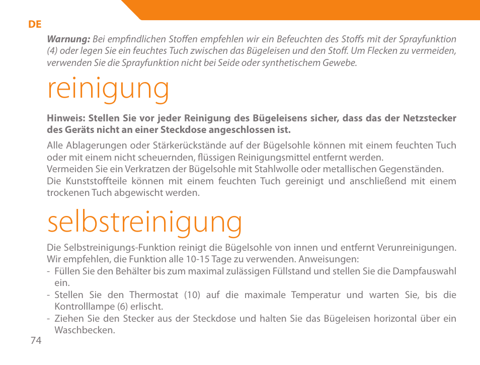Reinigung, Selbstreinigung | Acme IA-200 User Manual | Page 74 / 152