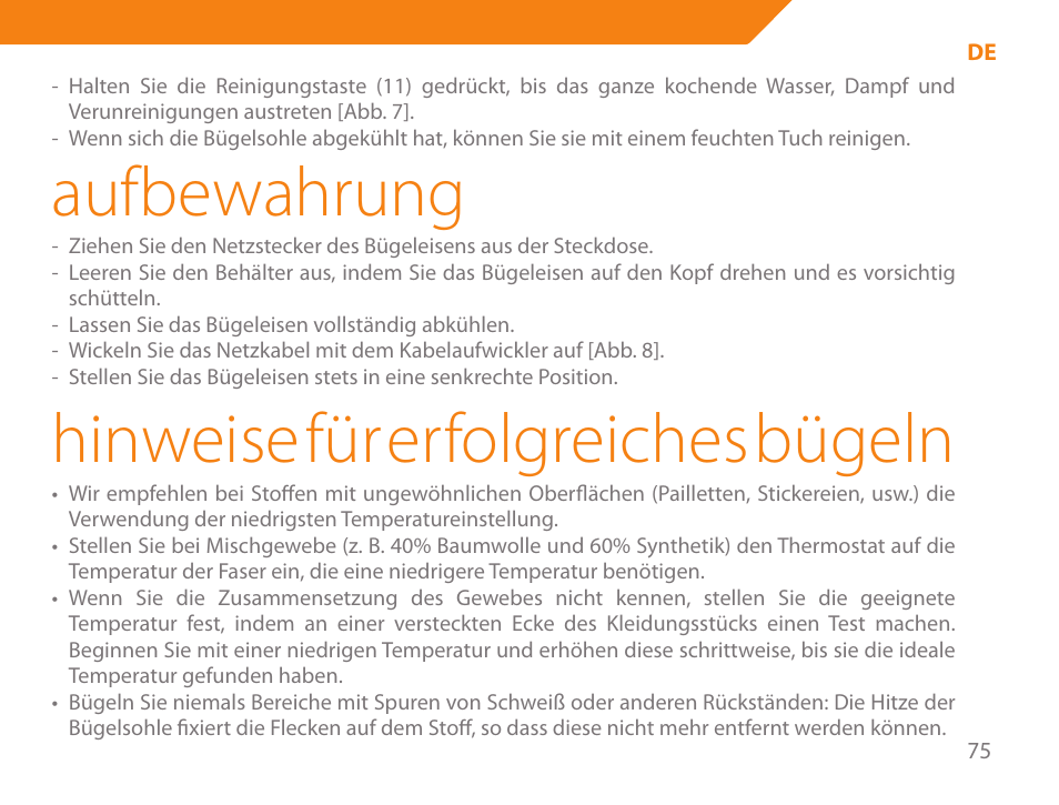 Aufbewahrung, Hinweise für erfolgreiches bügeln | Acme IA-200 User Manual | Page 75 / 152