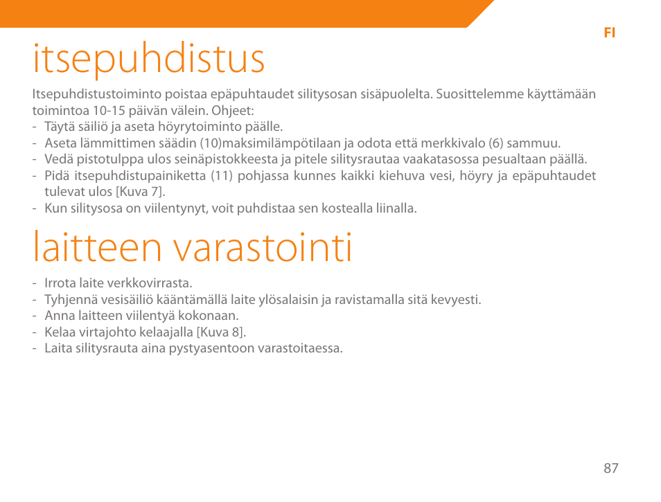 Itsepuhdistus, Laitteen varastointi | Acme IA-200 User Manual | Page 87 / 152