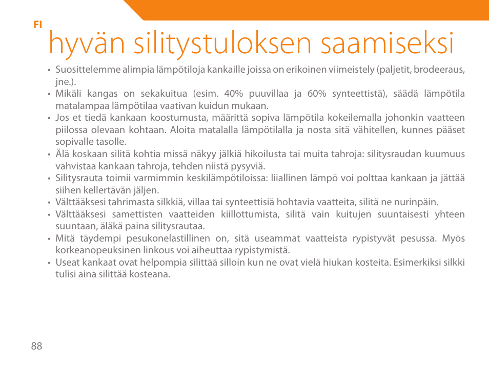 Hyvän silitystuloksen saamiseksi | Acme IA-200 User Manual | Page 88 / 152