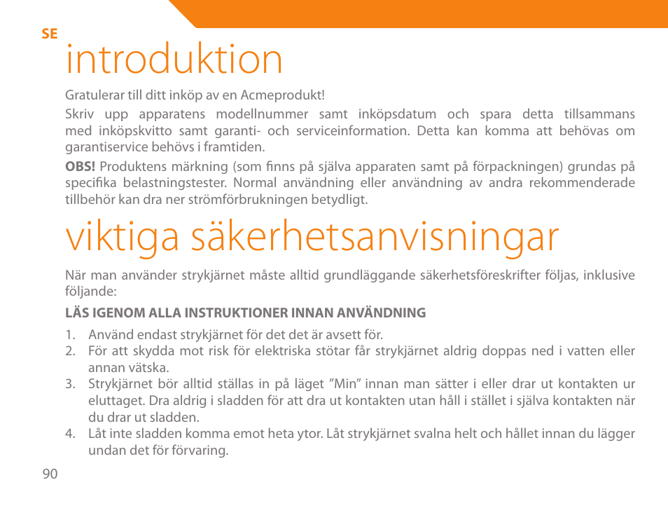 Introduktion, Viktiga säkerhetsanvisningar | Acme IA-200 User Manual | Page 90 / 152