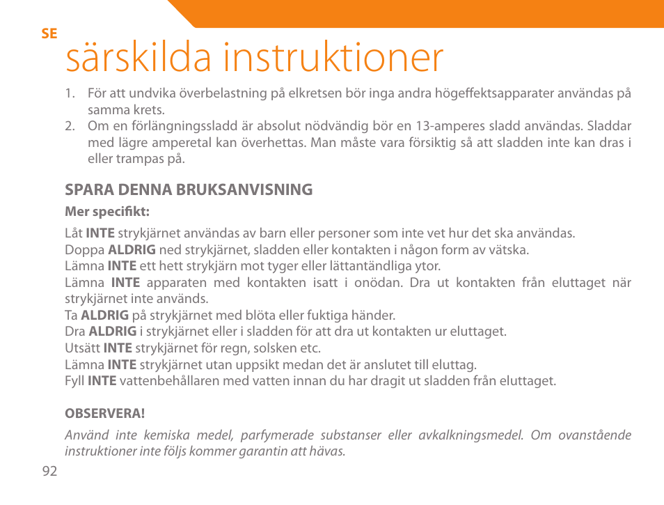Särskilda instruktioner | Acme IA-200 User Manual | Page 92 / 152