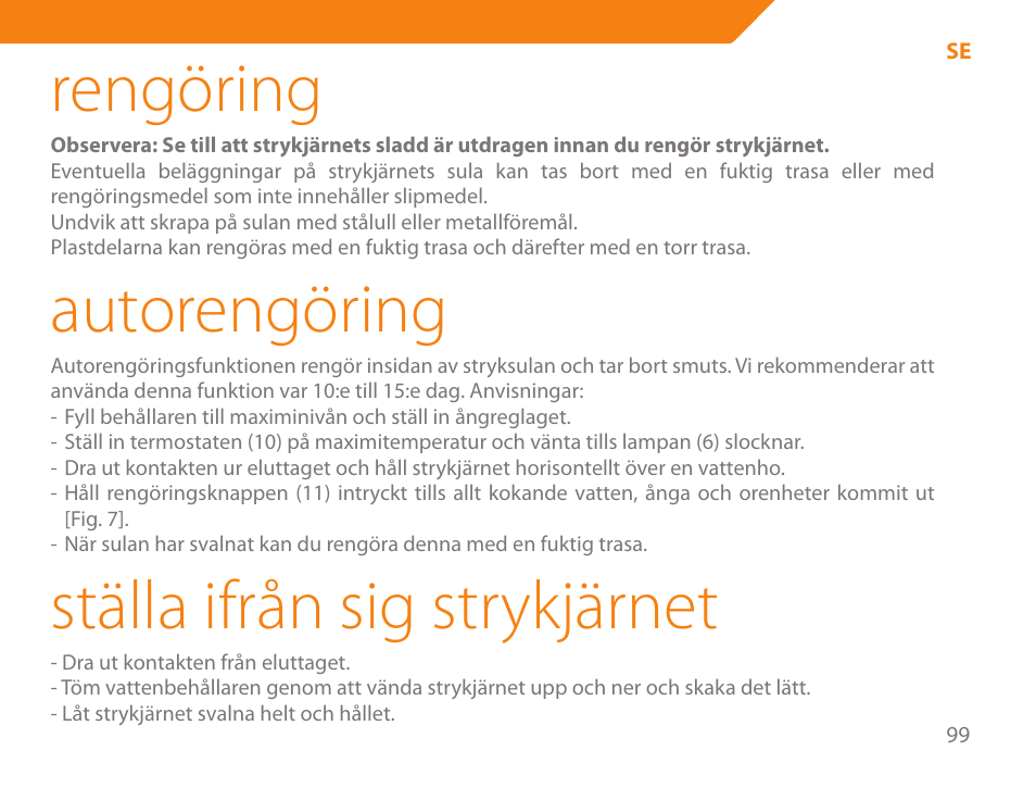 Rengöring, Autorengöring, Ställa ifrån sig strykjärnet | Acme IA-200 User Manual | Page 99 / 152