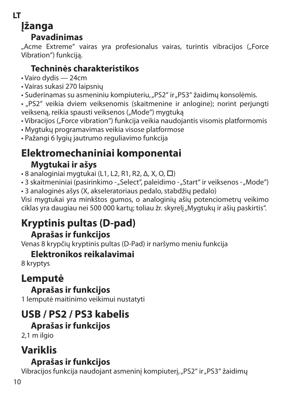 Įžanga, Elektromechaniniai komponentai, Kryptinis pultas (d-pad) | Lemputė, Usb / ps2 / ps3 kabelis, Variklis | Acme Extreme Rally wheel User Manual | Page 10 / 84
