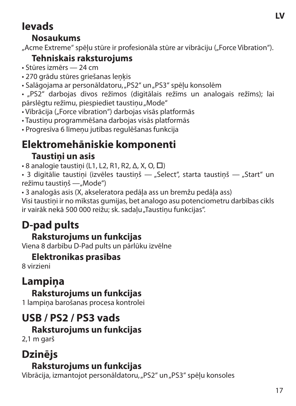 Ievads, Elektromehāniskie komponenti, D-pad pults | Lampiņa, Usb / ps2 / ps3 vads, Dzinējs | Acme Extreme Rally wheel User Manual | Page 17 / 84