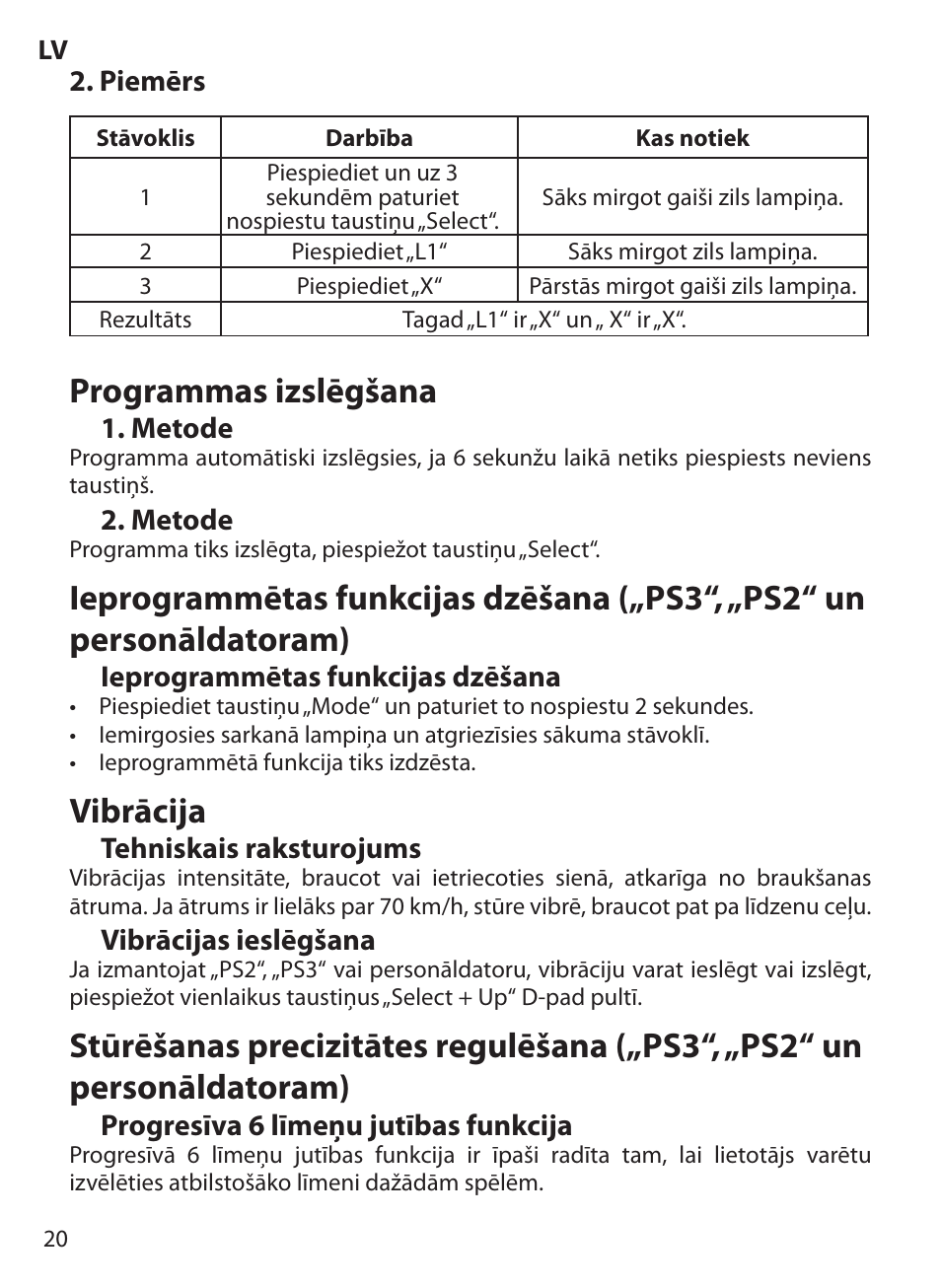 Programmas izslēgšana, Vibrācija | Acme Extreme Rally wheel User Manual | Page 20 / 84