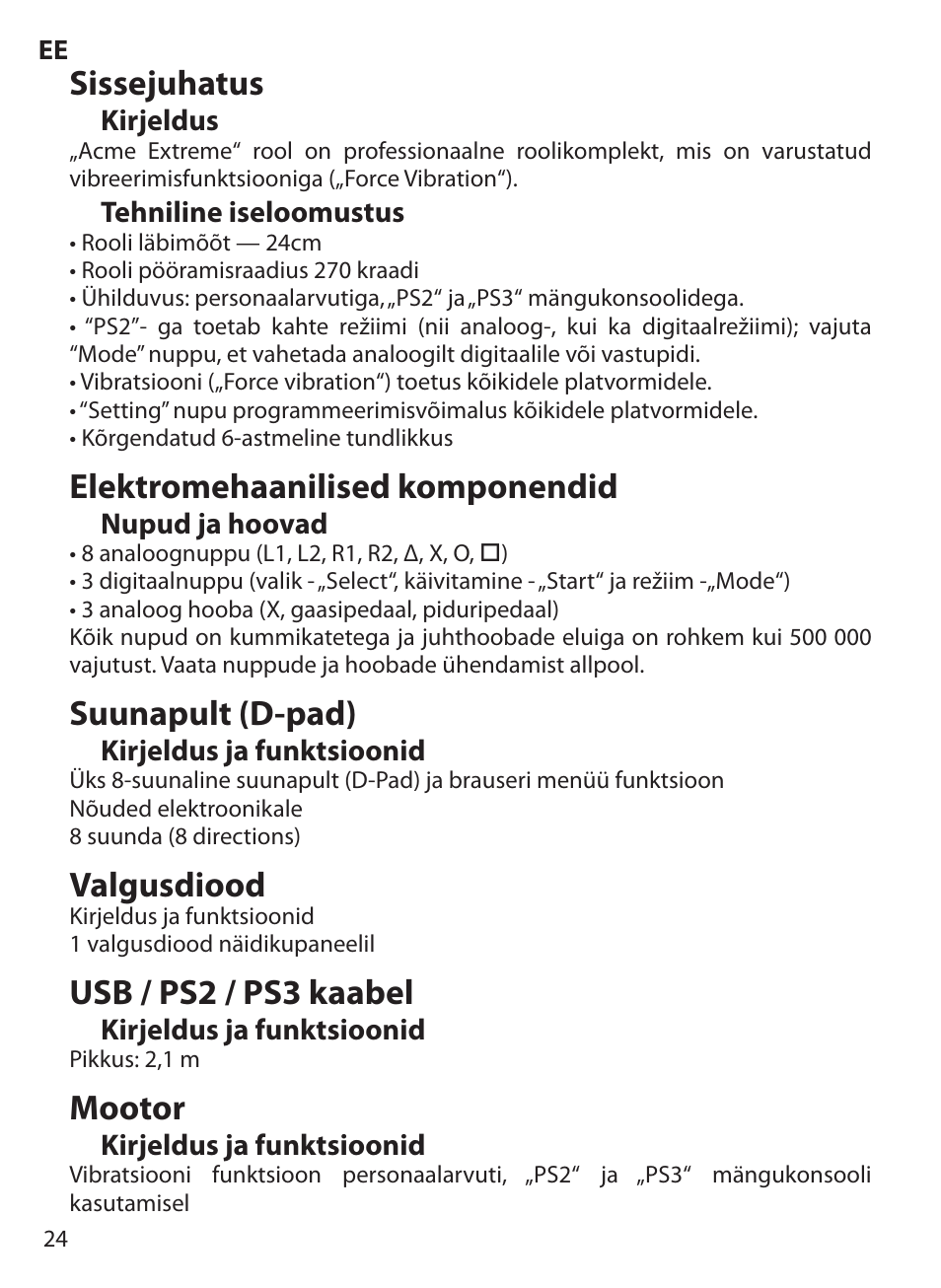 Sissejuhatus, Elektromehaanilised komponendid, Suunapult (d-pad) | Valgusdiood, Usb / ps2 / ps3 kaabel, Mootor | Acme Extreme Rally wheel User Manual | Page 24 / 84