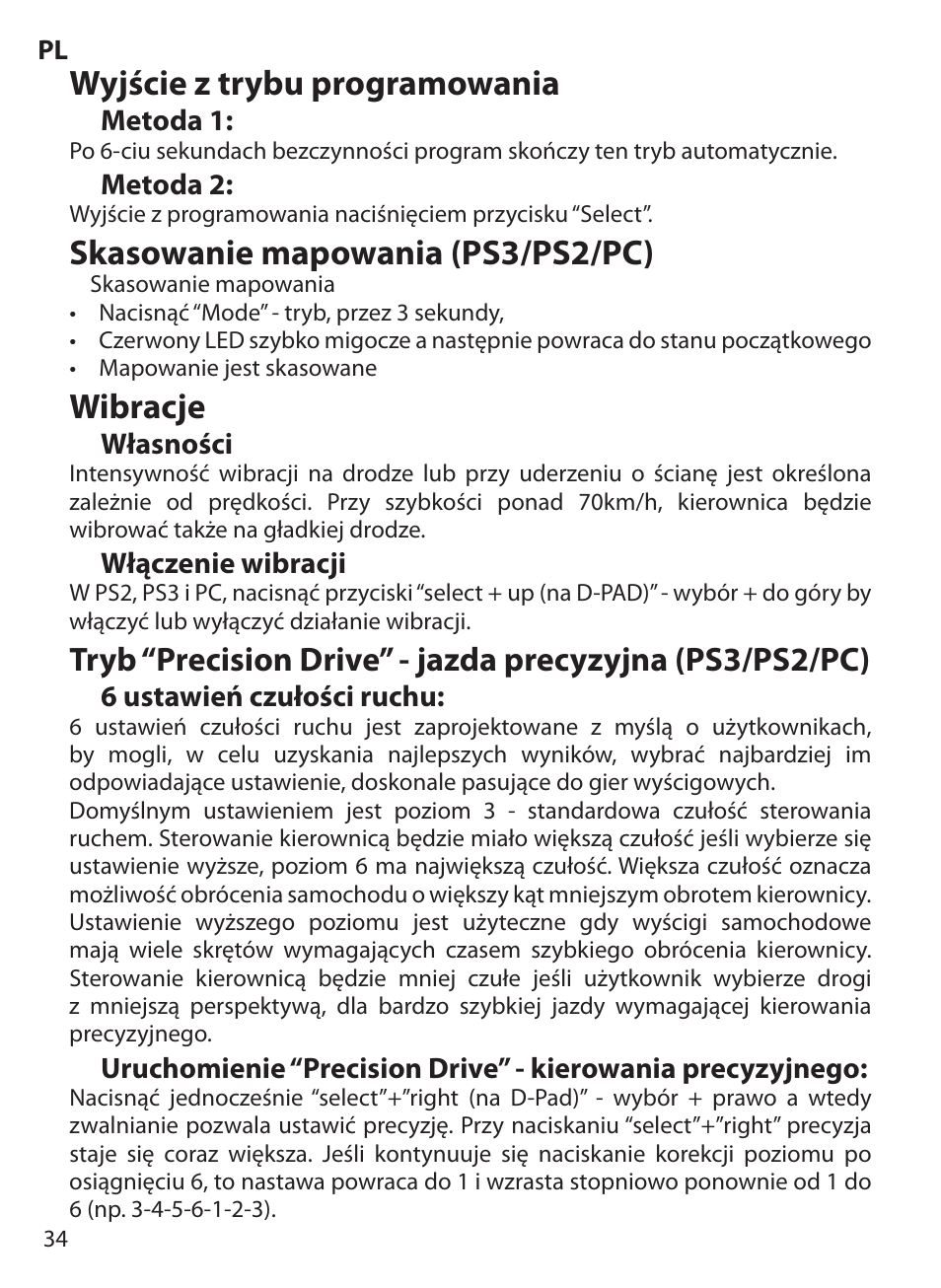 Wyjście z trybu programowania, Skasowanie mapowania (ps3/ps2/pc), Wibracje | Acme Extreme Rally wheel User Manual | Page 34 / 84