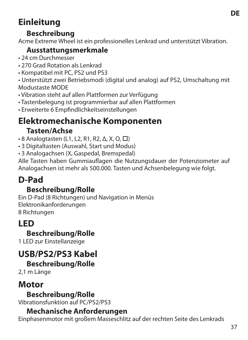 Einleitung, Elektromechanische komponenten, D-pad | Usb/ps2/ps3 kabel, Motor | Acme Extreme Rally wheel User Manual | Page 37 / 84