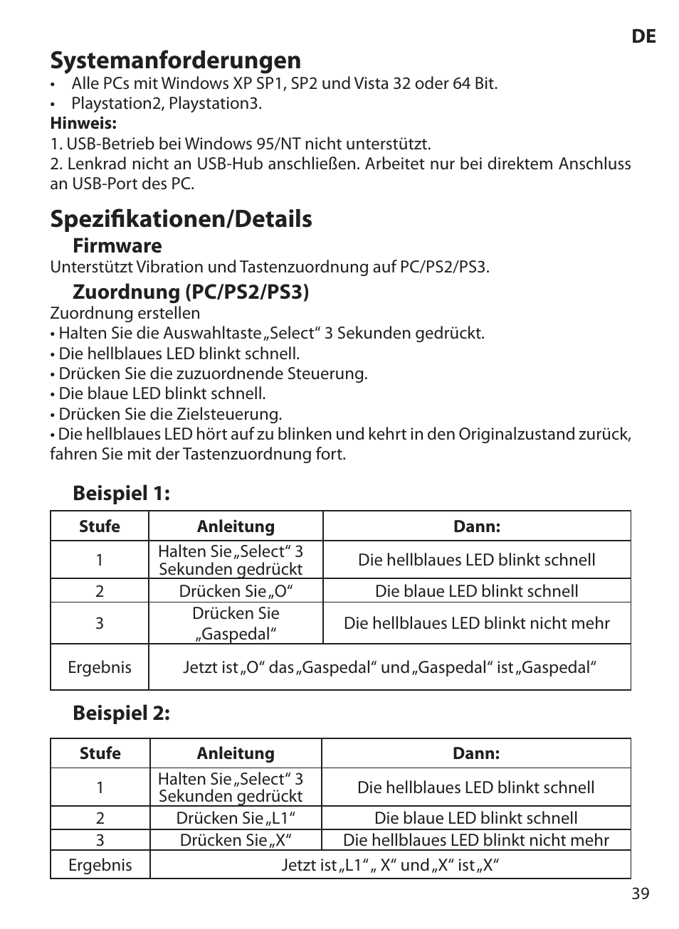 Systemanforderungen, Spezifikationen/details | Acme Extreme Rally wheel User Manual | Page 39 / 84