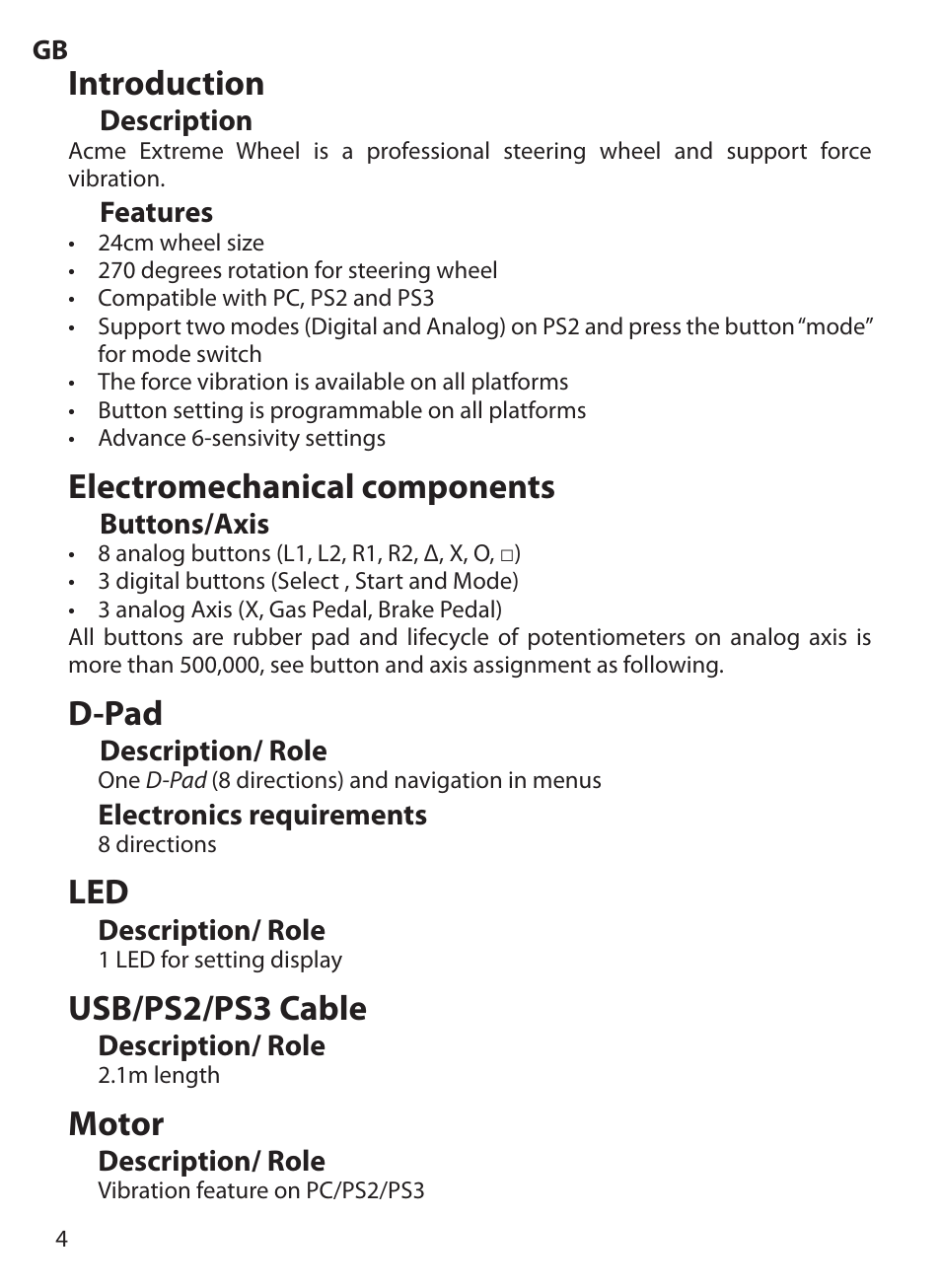 Introduction, Electromechanical components, D-pad | Usb/ps2/ps3 cable, Motor | Acme Extreme Rally wheel User Manual | Page 4 / 84